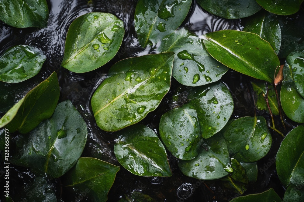 Splashes of water falling on fresh green leaves, with visible color reflections. Splashes of water falling on fresh green leaves, with visible color reflections.