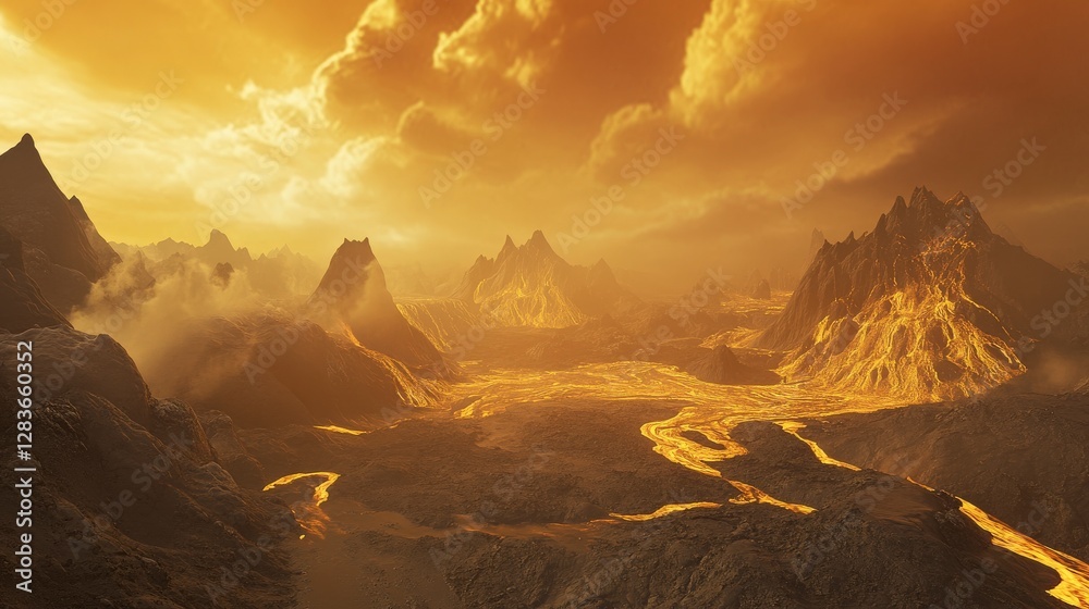 Naklejka premium Golden Hour Volcanic Landscape: A breathtaking view of fiery mountains and lava flows on an alien planet.