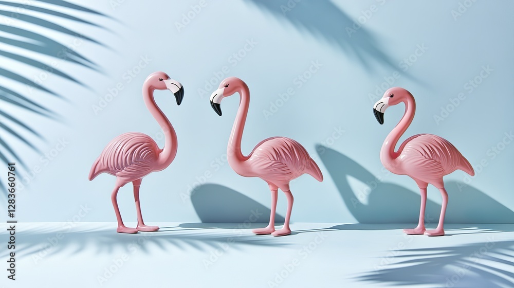 Obraz premium Flamingo toys in dynamic motion under sunny shadows with an optimistic color palette, presenting a simple yet creative composition, creating a bright and lively atmosphere