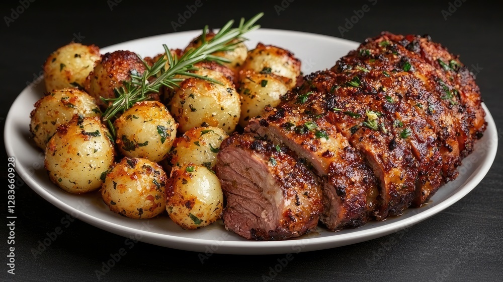Roasted pork tenderloin with rosemary potatoes on a plate Roasted pork tenderloin with rosemary potatoes on a plate