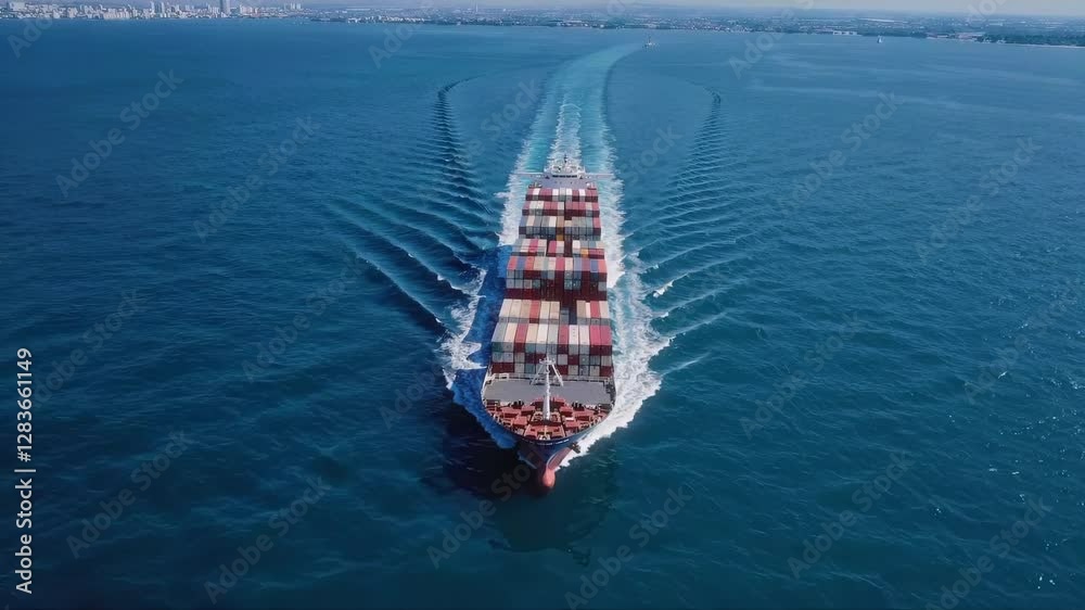 A large container ship skillfully navigating calm waters, highlighting the essence of maritime transport
