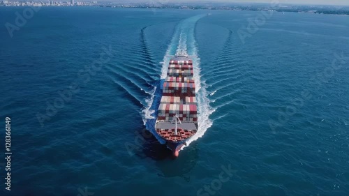 A large container ship skillfully navigating calm waters, highlighting the essence of maritime transport