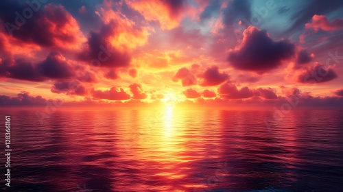Fiery Sunset Over Calm Ocean Waters Reflecting Vivid Colors