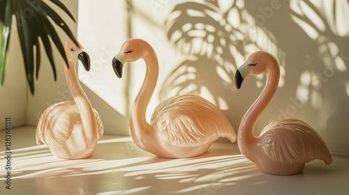 Flamingo toys in dynamic motion under sunny shadows with an optimistic color palette, presenting a simple yet creative composition, creating a bright and lively atmosphere