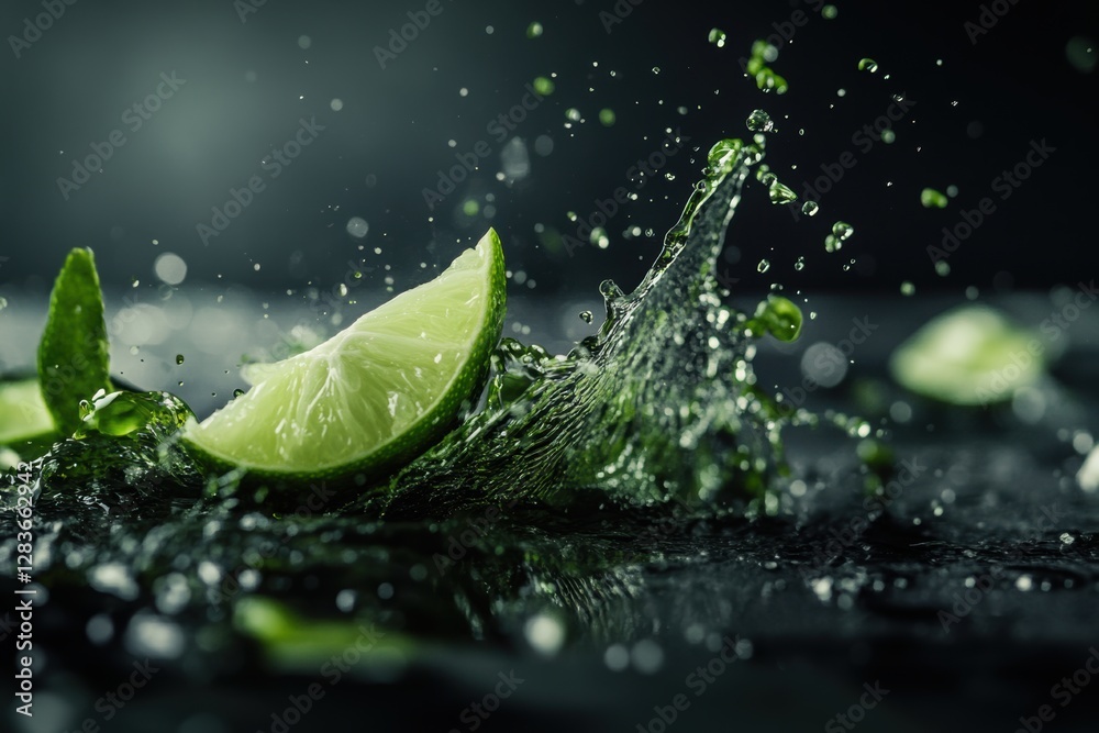 Fototapeta premium Splashes of green lime juice on a dark background, adding contrast and texture.