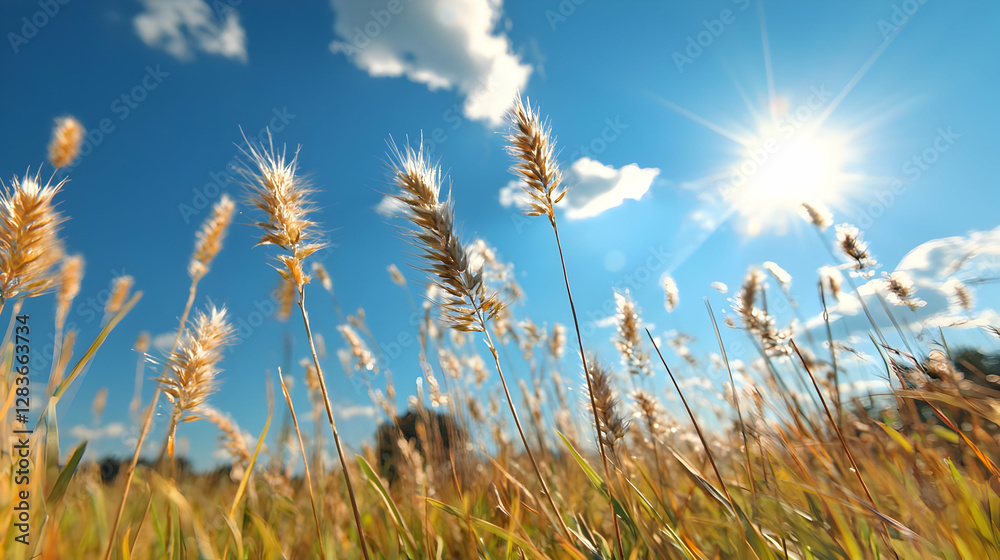 Obraz premium Sunny day, wheat field, blue sky, summer. Use nature background