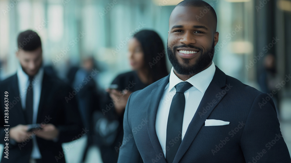 A confident business leader in a tailored suit stands in the foreground, smiling at the camera, while his team members check emails and chat on their phones in the background. A confident business leader in a tailored suit stands in the foreground, smiling at the camera, while his team members check emails and chat on their phones in the background.