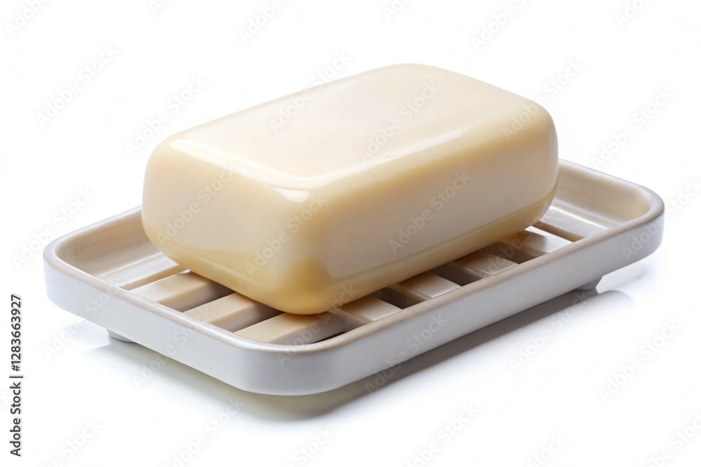 Fresh Cleanliness: A bar of soap sits neatly on a soap dish. This image captures the simplicity of hygiene. Fresh Cleanliness: A bar of soap sits neatly on a soap dish. This image captures the simplicity of hygiene.