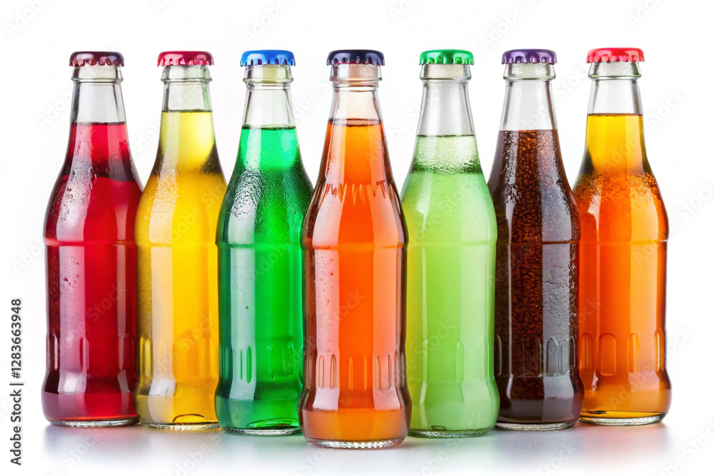 Vibrant Bottled Refreshments: A spectrum of colorful soda bottles lines up, displaying various fizzy drinks inside a bright, cheerful display of refreshment. Vibrant Bottled Refreshments: A spectrum of colorful soda bottles lines up, displaying various fizzy drinks inside a bright, cheerful display of refreshment.