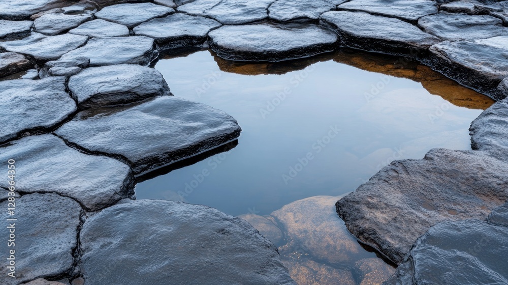 Textured surface of bubbling lava pools showcases smooth dark stones surrounding a tranquil water pool. The unique formation invites viewers to explore the contrasting elements of nature Textured surface of bubbling lava pools showcases smooth dark stones surrounding a tranquil water pool. The unique formation invites viewers to explore the contrasting elements of nature