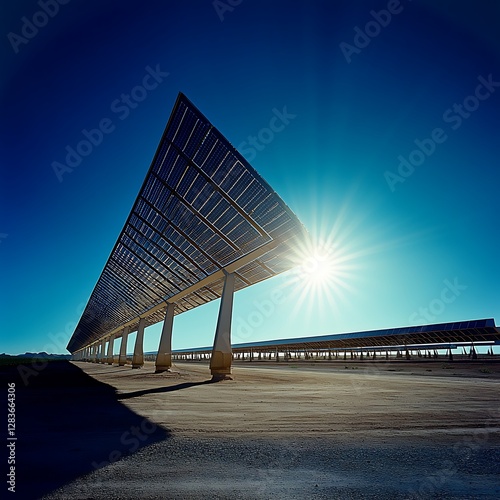 Solar Panel Farm Under Blue Sky with Sunbeams