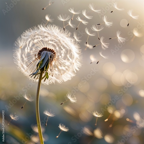 The Whisper of Wishes in the Wind: A Delicate Dandelion Releases Its Seeds into the Golden Light of Dawn, Each One Carrying a Dream, a Hope, and the Timeless Symbolism of Letting Go, Freedom