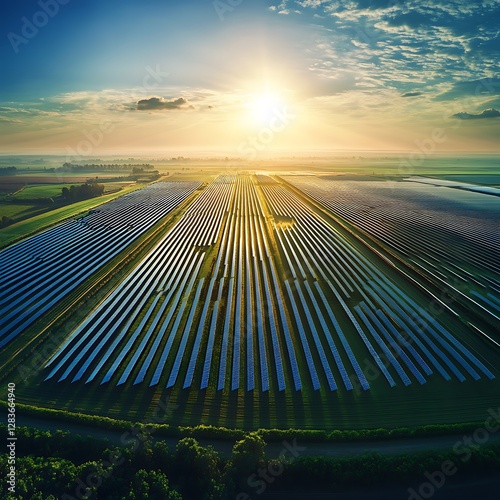 Solar Panel Farm Under Blue Sky with Sunbeams