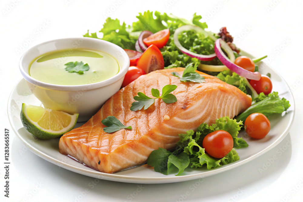 A Culinary Delight: Grilled Salmon with Salad: A delectable plate of grilled salmon, radiating with flavor, is artfully presented alongside a vibrant salad and a zesty lime wedge. A Culinary Delight: Grilled Salmon with Salad: A delectable plate of grilled salmon, radiating with flavor, is artfully presented alongside a vibrant salad and a zesty lime wedge.