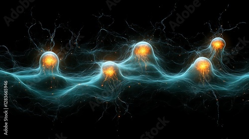 Glowing orbs connected by intricate energy filaments