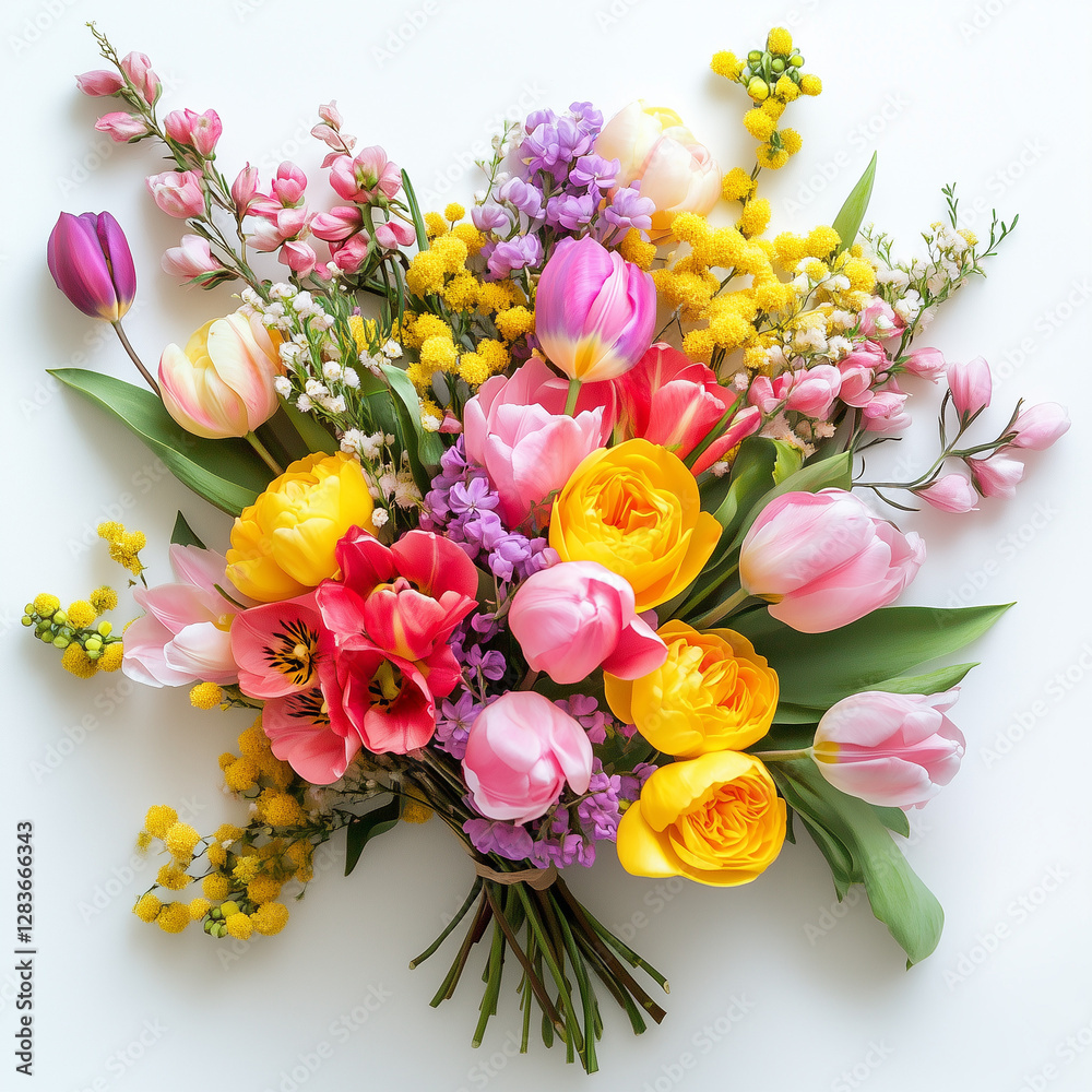 Obraz premium Bouquet of spring flowers (tulips, mimosa, roses) on a white background