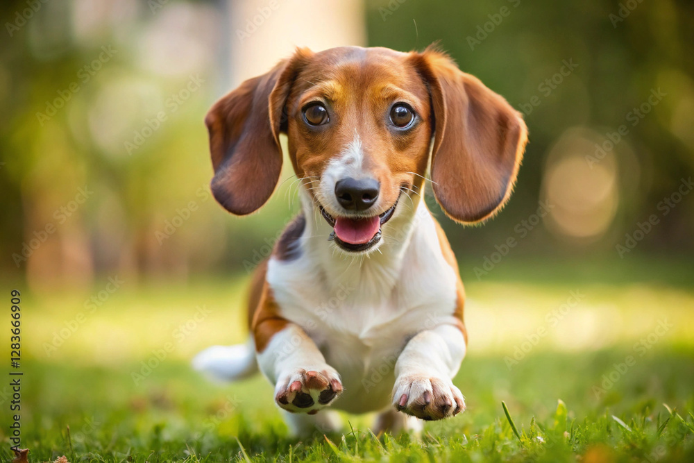 Playful Dachshund in motion: A joyful dachshund puppy bounds towards the camera, its ears flopping, a big smile and playful gaze, celebrating the sheer delight of life. Playful Dachshund in motion: A joyful dachshund puppy bounds towards the camera, its ears flopping, a big smile and playful gaze, celebrating the sheer delight of life.