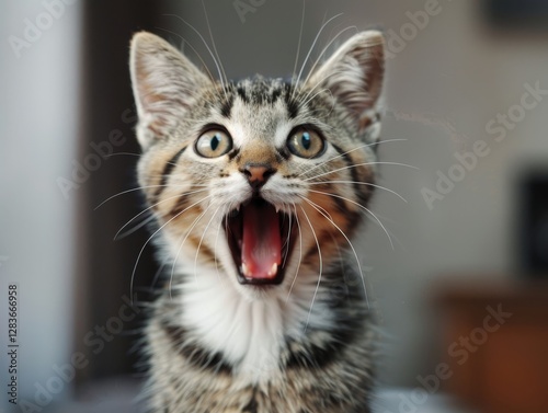 surprised striped grey cat portrait close up screaming