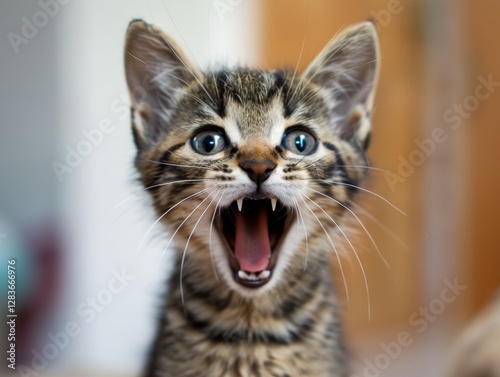 surprised striped grey cat portrait close up screaming