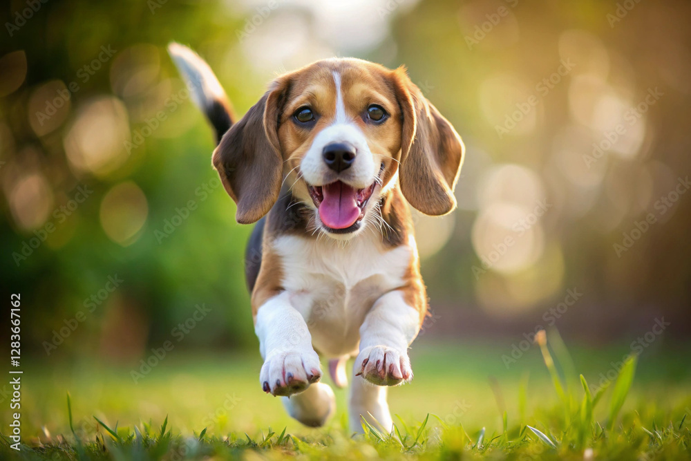 Energetic Beagle Puppy: A lively beagle puppy, radiating pure joy, sprints directly towards the viewer across a vibrant, sun-drenched lawn. Its eyes sparkle with anticipation. Energetic Beagle Puppy: A lively beagle puppy, radiating pure joy, sprints directly towards the viewer across a vibrant, sun-drenched lawn. Its eyes sparkle with anticipation.