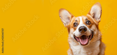 Portrait of friendly corgi on yellow background copyspace