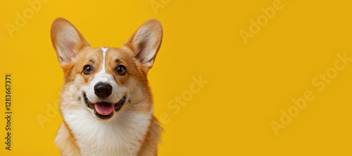 Portrait of friendly corgi on yellow background copyspace