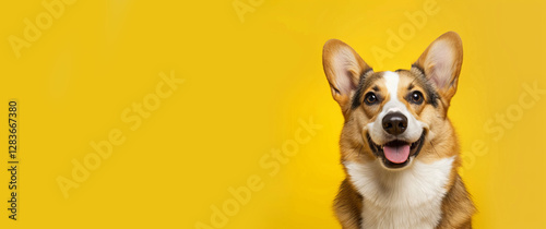 Portrait of friendly corgi on yellow background copyspace