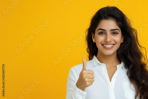 a beautiful young Indian woman in a white shirt showing a thumbs up on a yellow background