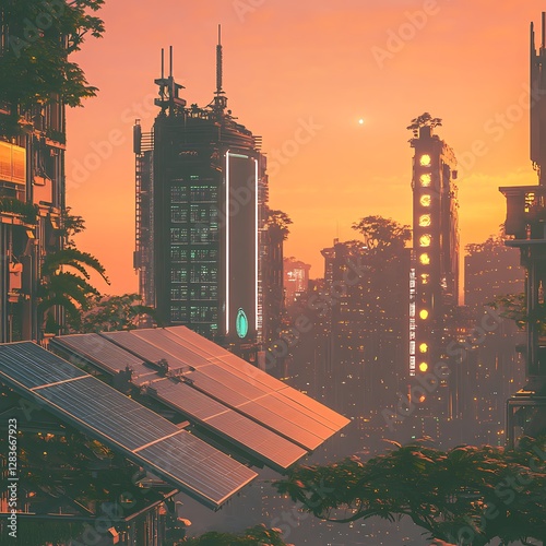 Empowering a Green Future: Solar Panel at Sunset