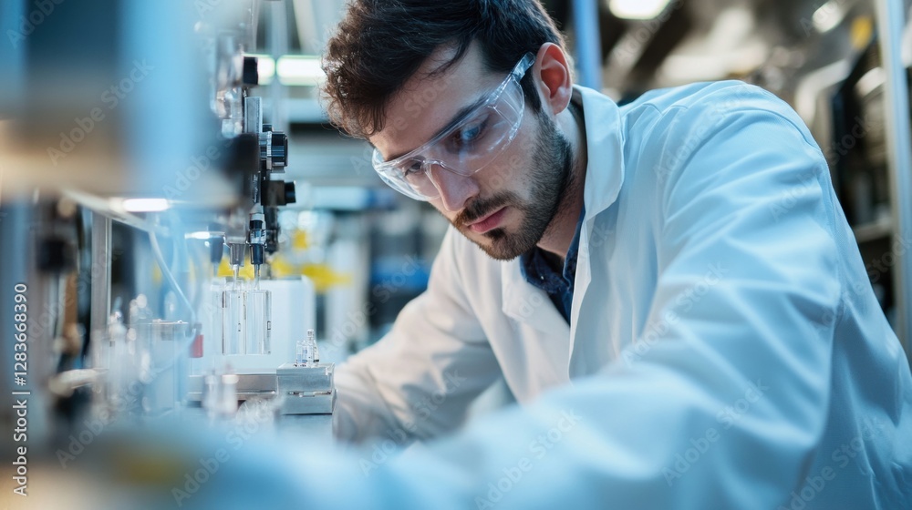 Scientist in Lab Focusing on Experiments with Glassware and Equipment Scientist in Lab Focusing on Experiments with Glassware and Equipment