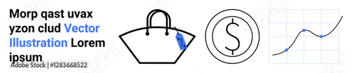 Shopping bag with tag, dollar sign in circular outline, and upward trend graph. Ideal for shopping, finance, marketing, growth strategy, budget planning, retail flat landing page banner