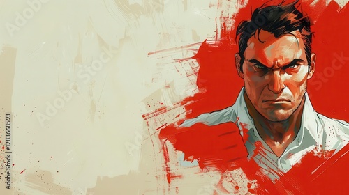 Angry Man Portrait, Abstract Red and Beige Artistic Illustration
