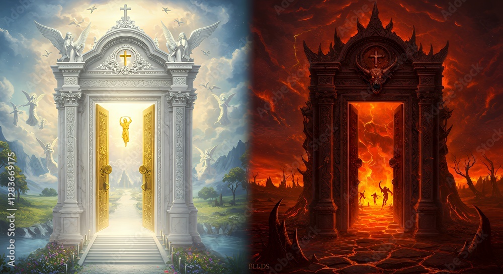 Heaven and Hell Open Doors Depicting Lightness and Darkness Contrasts Heaven and Hell Open Doors Depicting Lightness and Darkness Contrasts