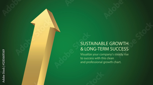 Big 3D golden business arrow graph pointing up indicating improving profits and show progress with green background
