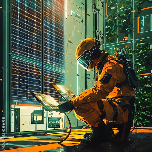 Professional Solar Panel Technician Inspecting Solar Array