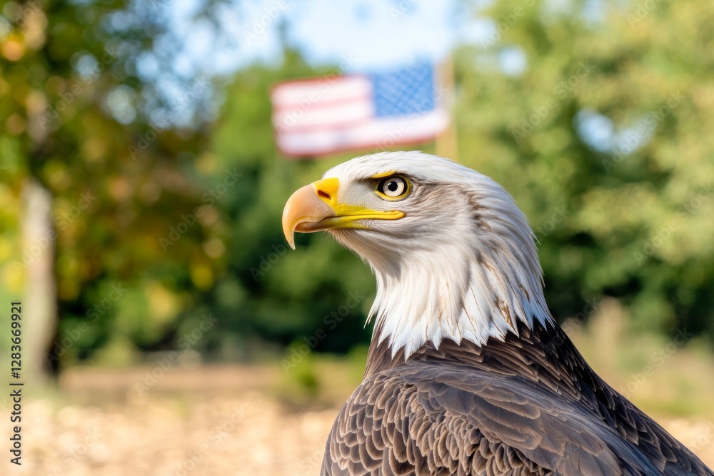Fototapeta premium Majestic bald eagle posing with American flag in the background