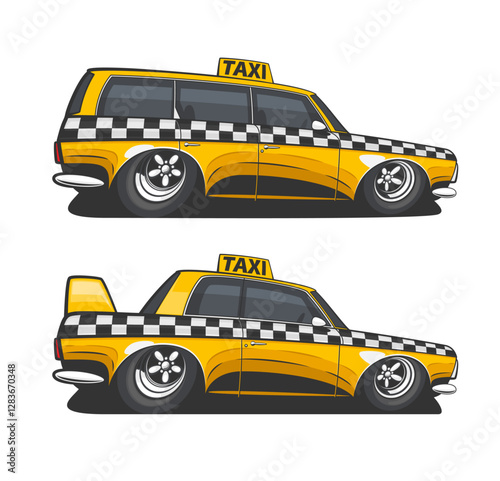 Modern Taxi Car Illustration isolated on white. Cartoon Taxi Cab Classic. City urban transportation car. Vehicle illustration. Yellow car illustration. Public Transport. Taxi service design concept