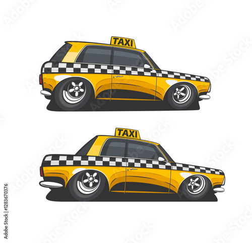 Modern Taxi Car Illustration isolated on white. Cartoon Taxi Cab Classic. City urban transportation car. Vehicle illustration. Yellow car illustration. Public Transport. Taxi service design concept