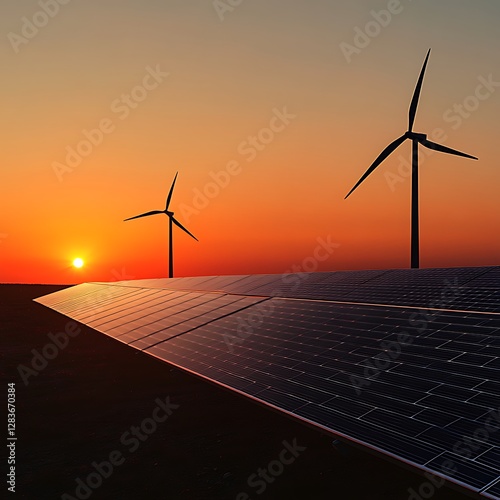 Renewable Energy Sources - Solar Panels & Wind Turbines at Sunset