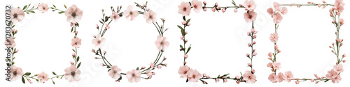 Delicate floral frames wreaths and garlands with soft pink blossoms leaves and branches for romantic botanical and elegant design elements  Feminine natural