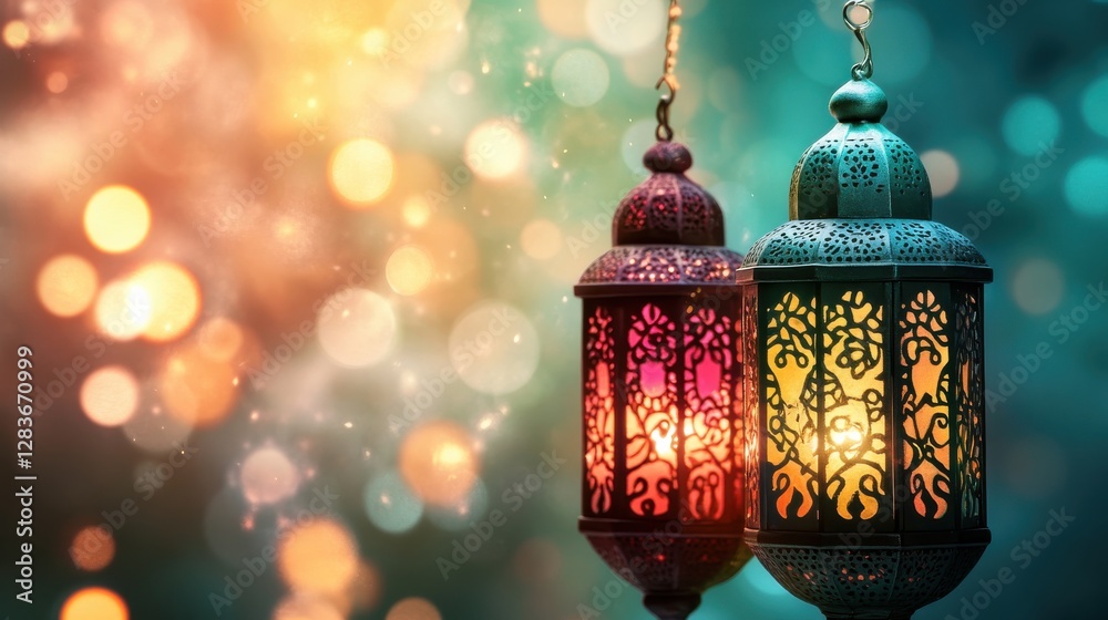 Colorful Lanterns Hanging with Beautiful Bokeh Background Effects