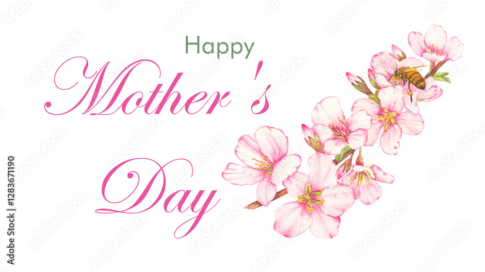 Happy Mother's Day greeting with hand drawn watercolor twig with spring blossom. Minimalistic hand drawn blossom twig with text greeting. Happy Mother's Day greeting with hand drawn watercolor twig with spring blossom. Minimalistic hand drawn blossom twig with text greeting.