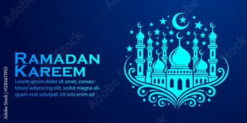 Low Poly Ramadan Mubarak Crescent Moon Illustration with Blue Glowing Geometric 3D Artwork Holy Time