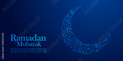 Low Poly Ramadan Mubarak Crescent Moon Illustration with Blue Glowing Geometric 3D Artwork Holy Time
