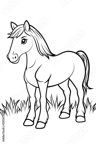 Adorable horse coloring page featuring a cute pony in a grassy field. Great for kids and adults, perfect for relaxation, fun activities, and farm animal lovers.