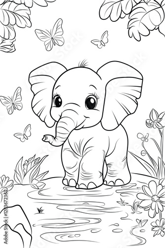 Cute baby elephant coloring page with butterflies and nature background. Perfect for kids and adults, great for relaxation and fun activities.