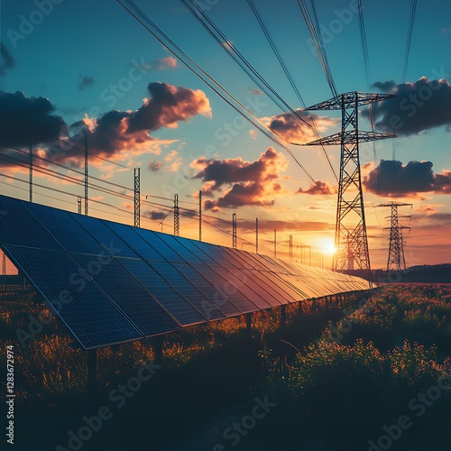 Sunset Solar Panels with Power Lines: Sustainable Energy and Renewables