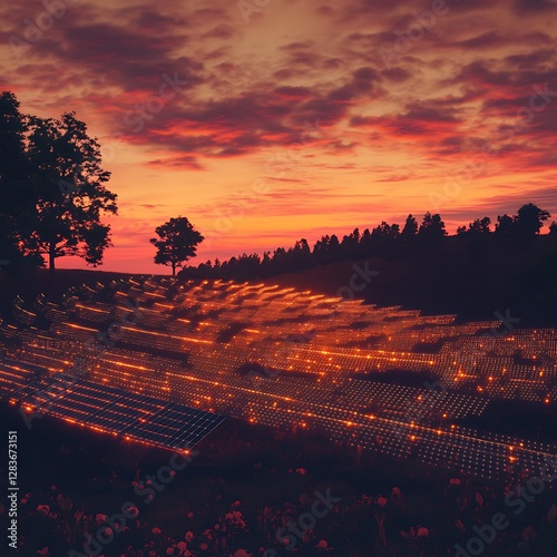 Glowing Solar Panels at Sunset: Renewable Energy Concept