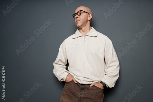 Wallpaper Mural Medium full shot of middle aged man with buzzcut wearing white half zip sweatshirt posing with hands in pockets against grey wall in studio, copy space Torontodigital.ca