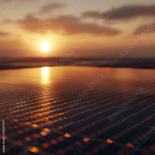 Glowing Solar Panels at Sunset: Renewable Energy Concept